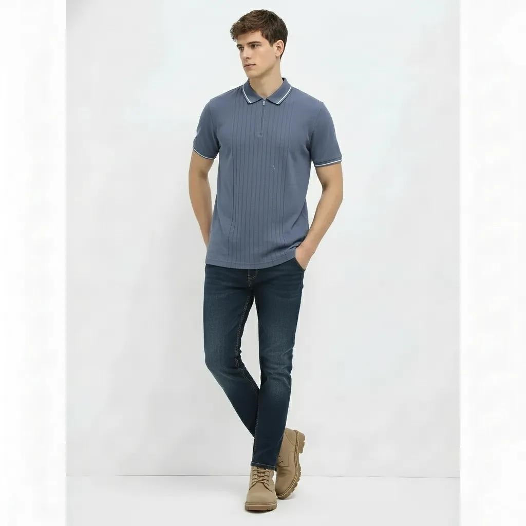 Men Deep Blue Striped Polo Collar T-shirt