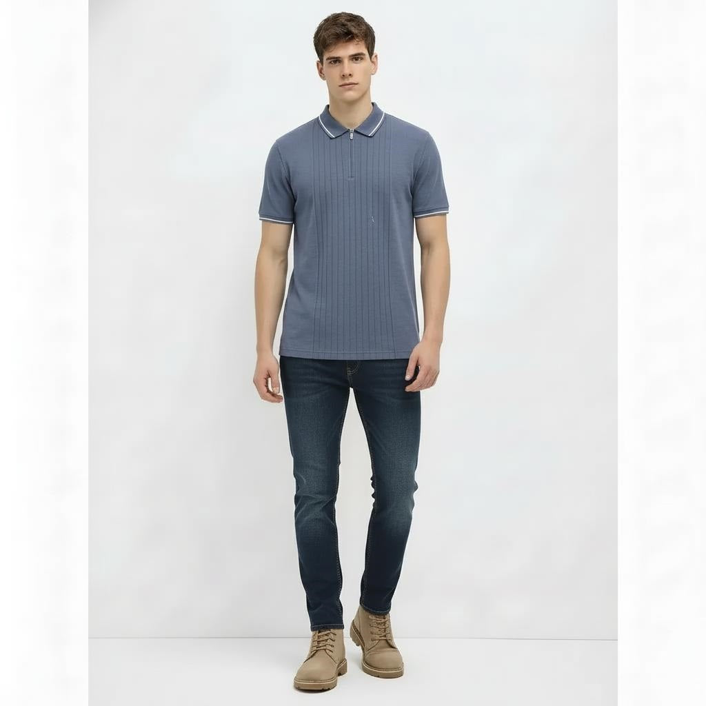 Men Deep Blue Striped Polo Collar T-shirt