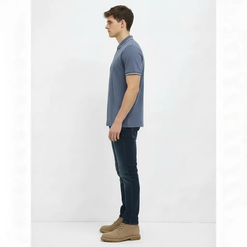 Men Deep Blue Striped Polo Collar T-shirt