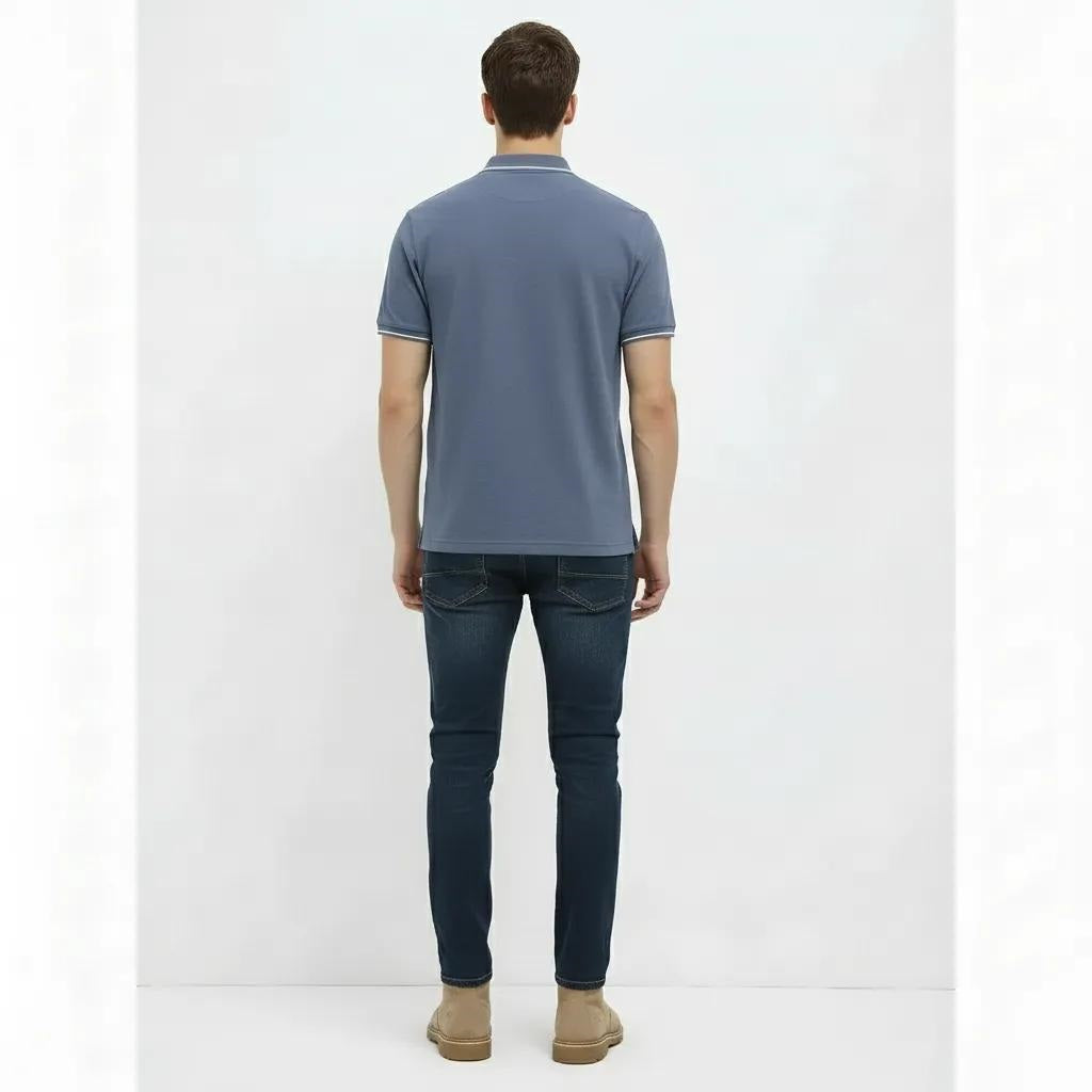 Men Deep Blue Striped Polo Collar T-shirt