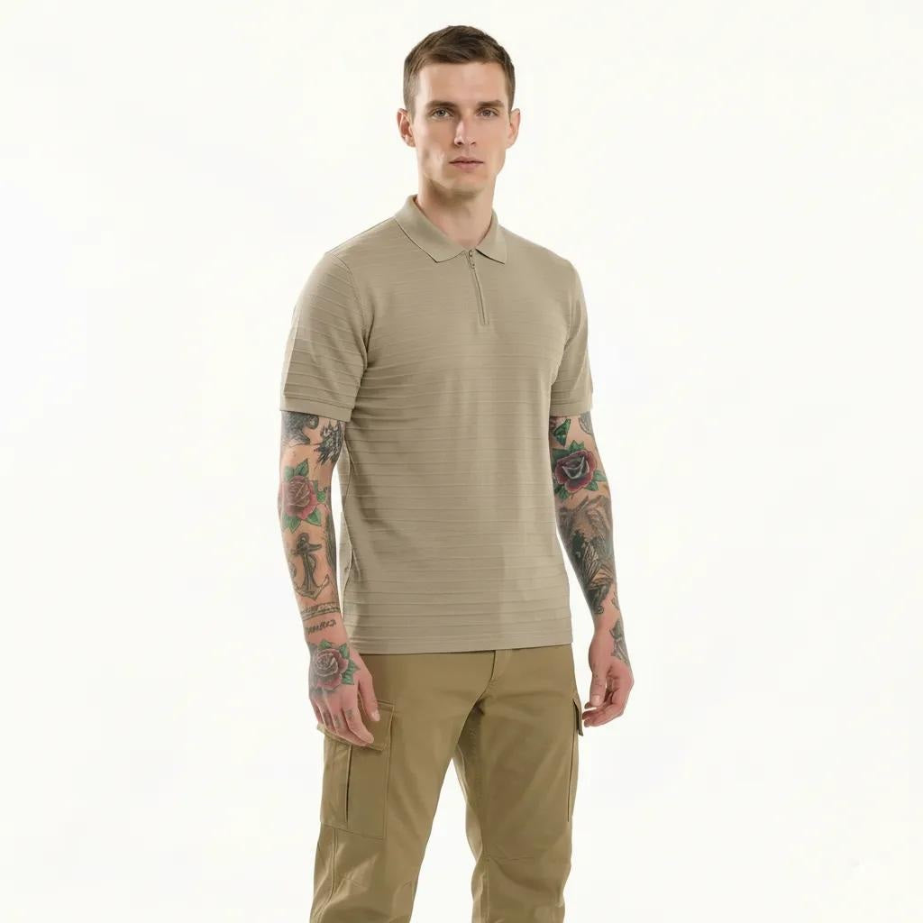 Octave Men Khaki Striped Polo Collar T-shirt