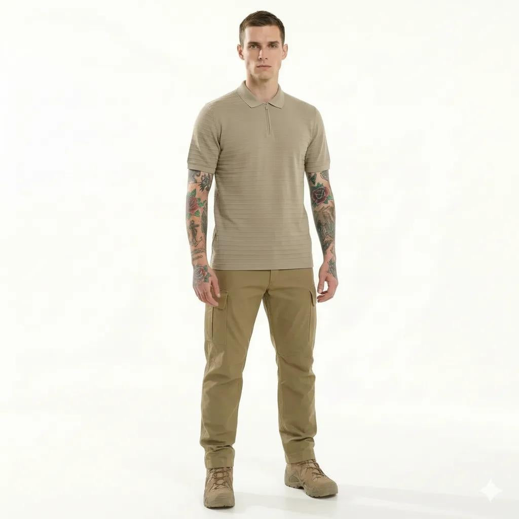 Octave Men Khaki Striped Polo Collar T-shirt