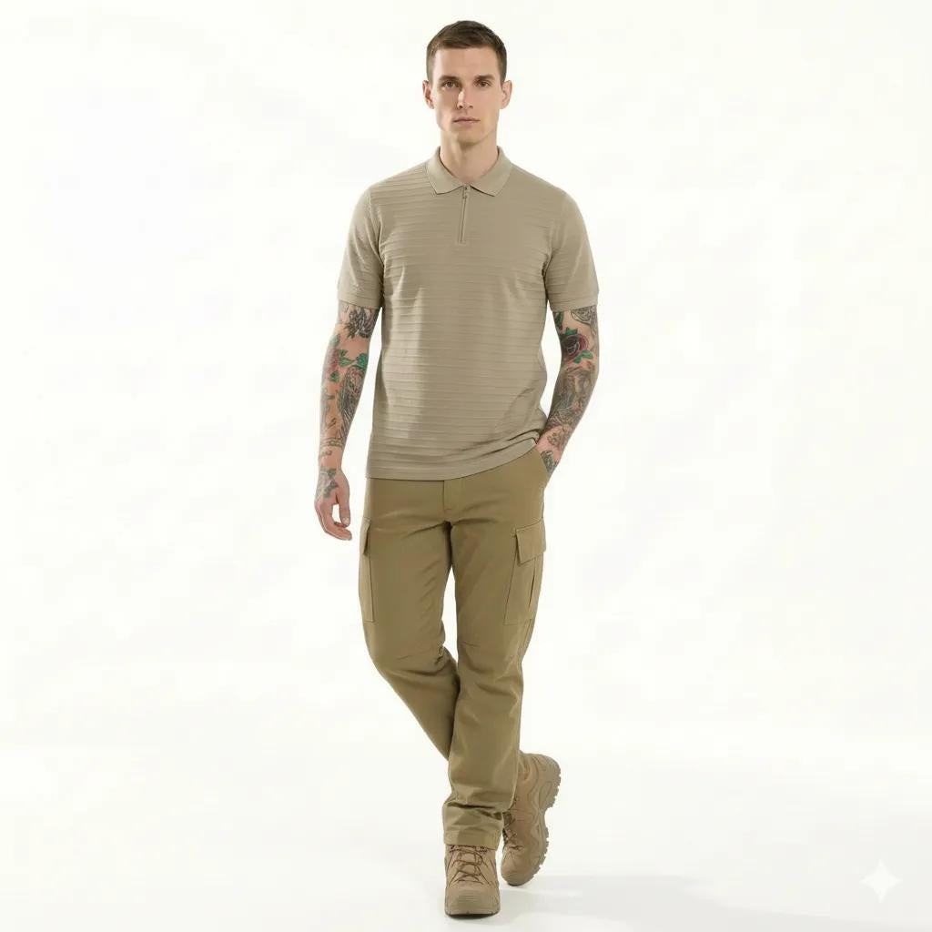 Octave Men Khaki Striped Polo Collar T-shirt