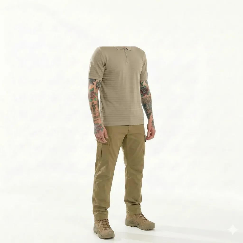 Octave Men Khaki Striped Polo Collar T-shirt
