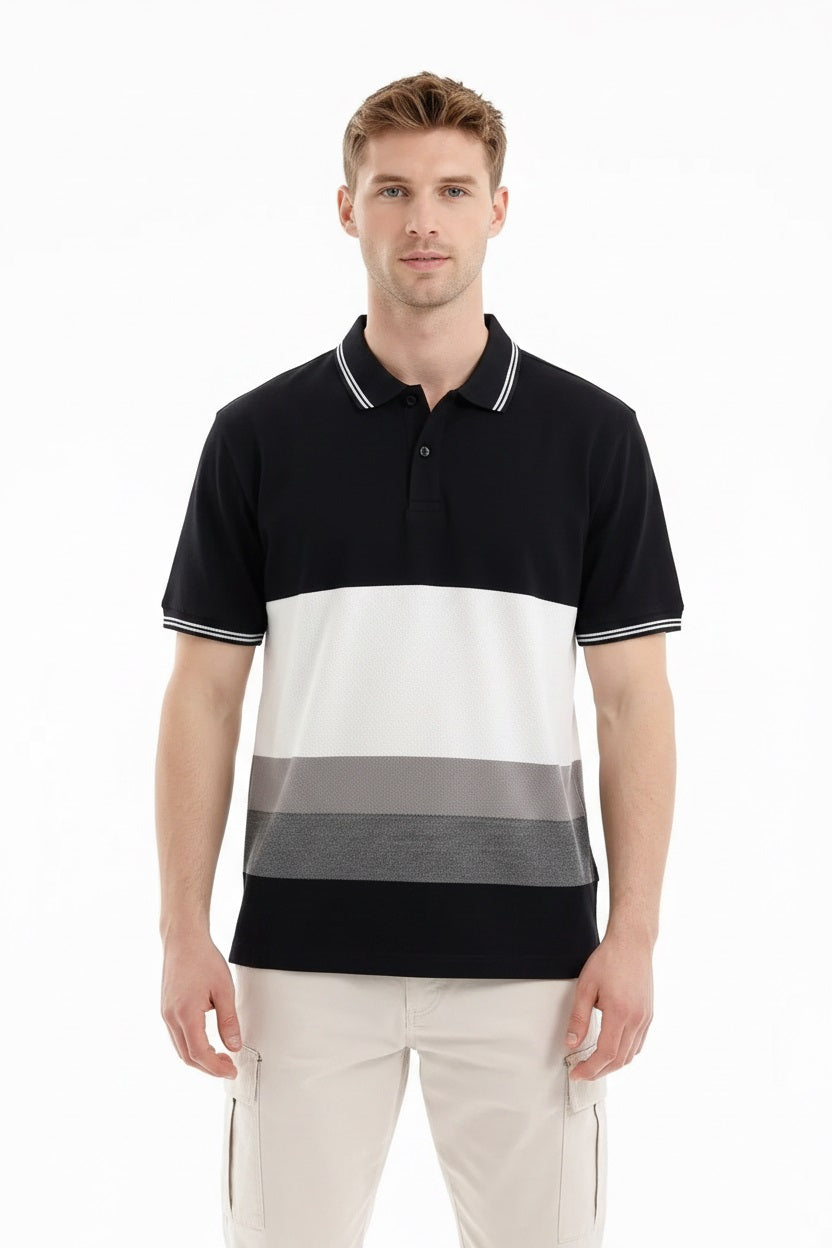 Men Black Colourblocked Polo Collar T-shirt