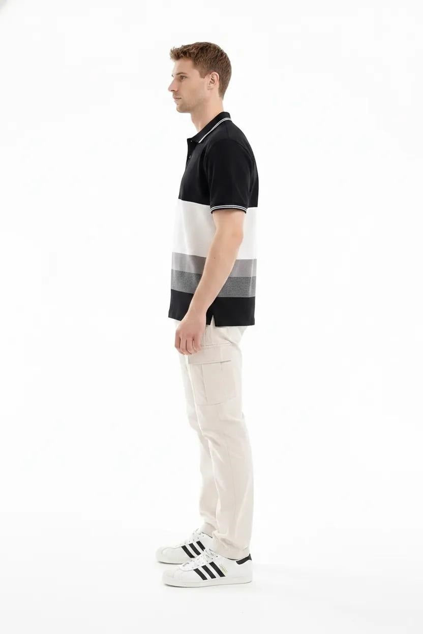 Men Black Colourblocked Polo Collar T-shirt