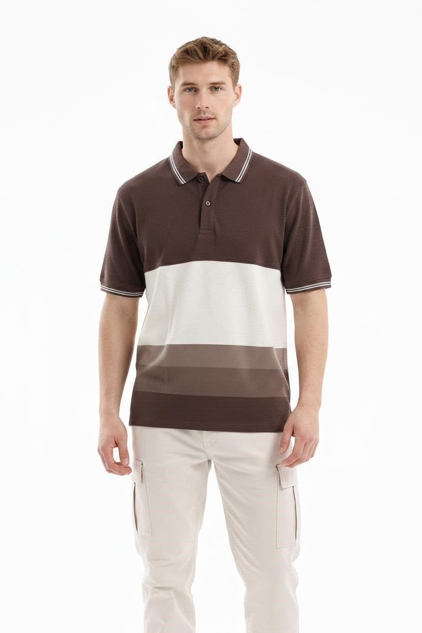 Men Coffee Striped Polo Collar T-shirt