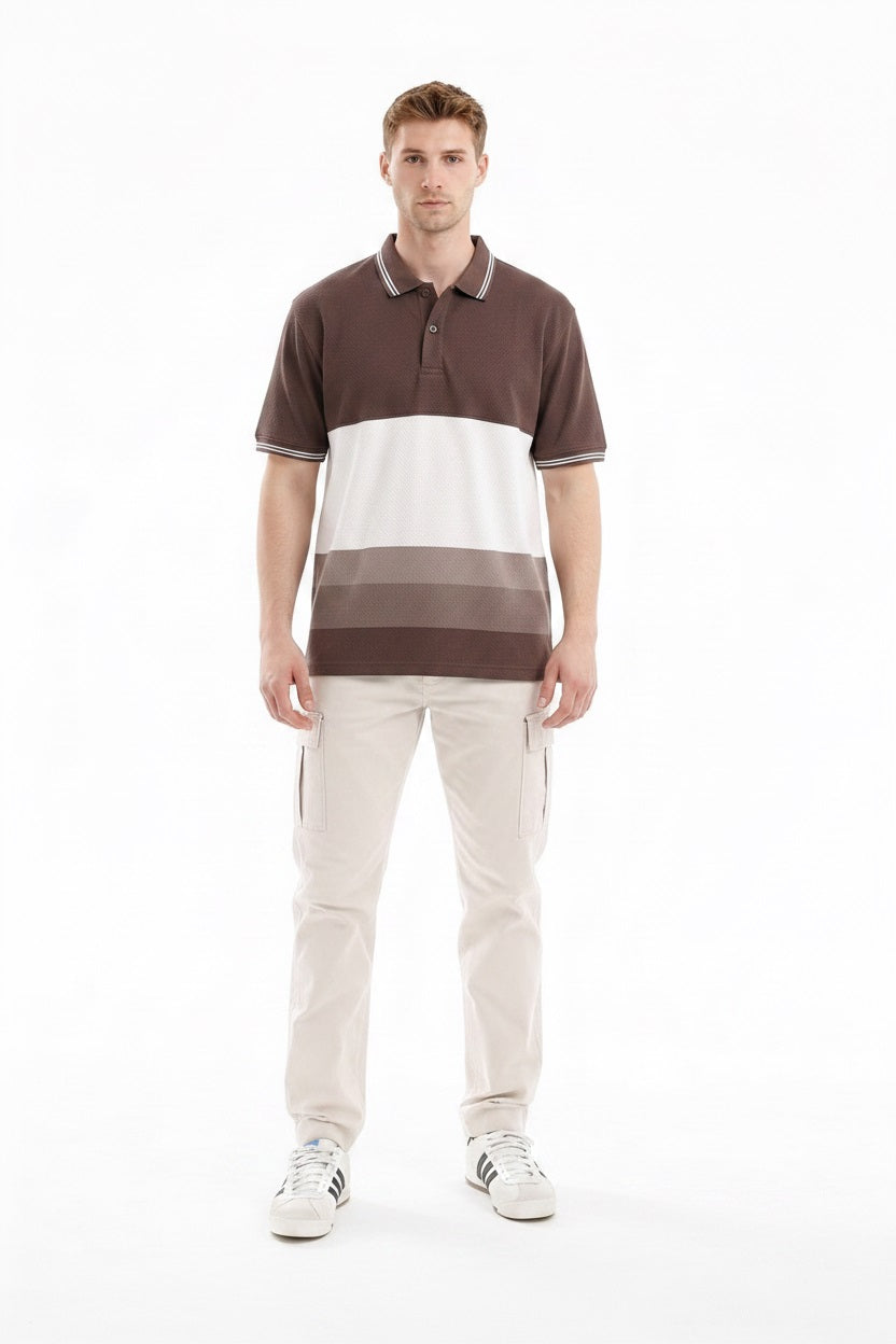 Men Coffee Striped Polo Collar T-shirt