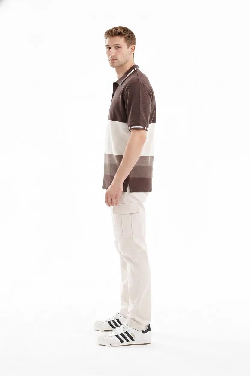 Men Coffee Striped Polo Collar T-shirt
