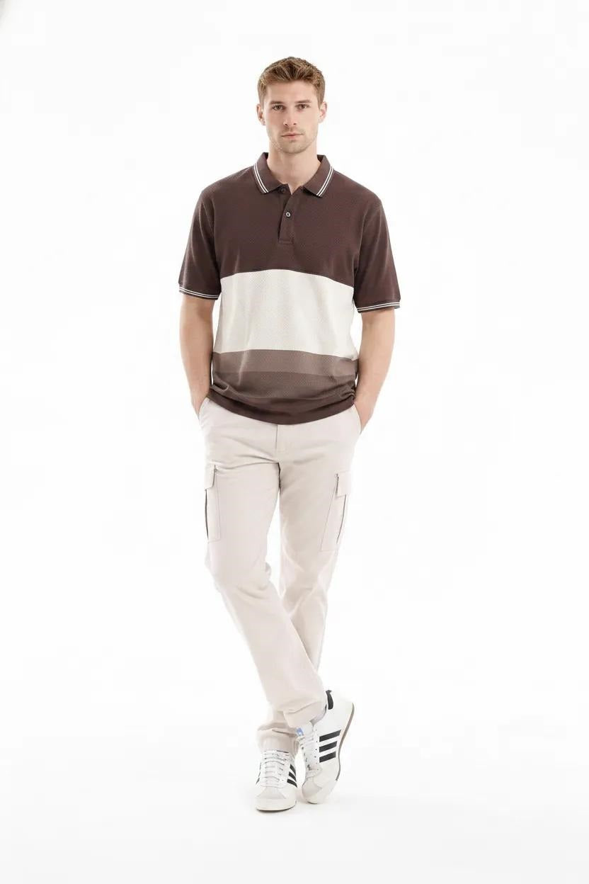 Men Coffee Striped Polo Collar T-shirt