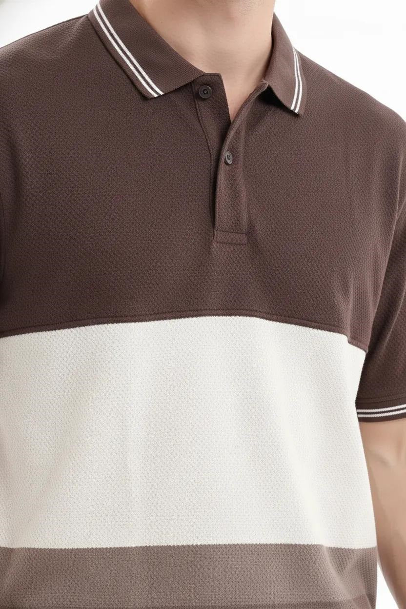 Men Coffee Striped Polo Collar T-shirt