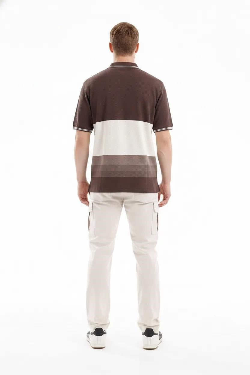 Men Coffee Striped Polo Collar T-shirt