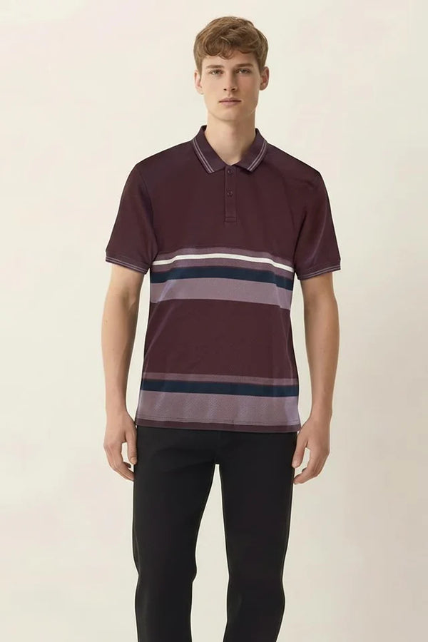 Men Wine Striped Polo Collar T-shirt