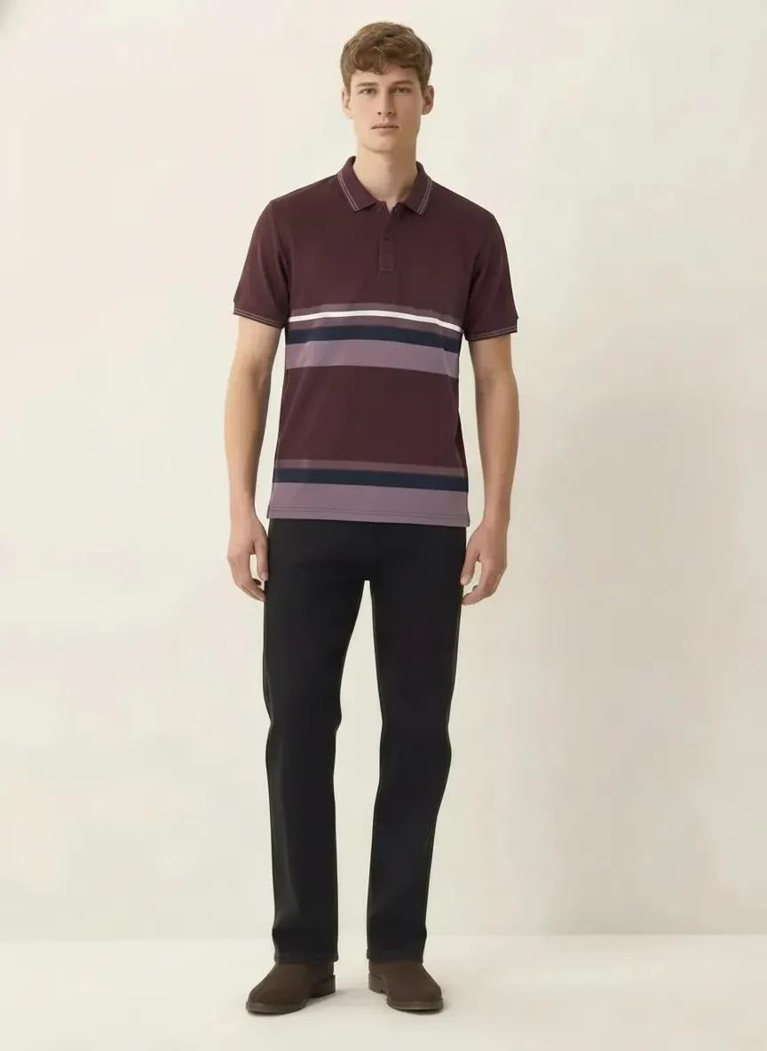 Men Wine Striped Polo Collar T-shirt