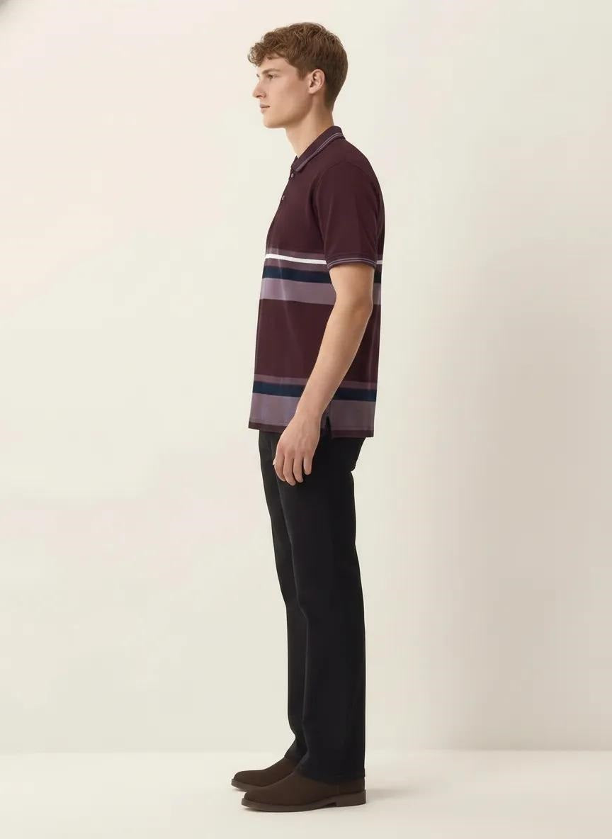Men Wine Striped Polo Collar T-shirt