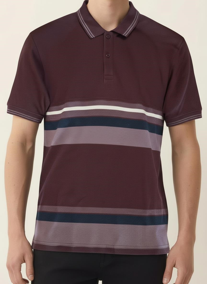 Men Wine Striped Polo Collar T-shirt