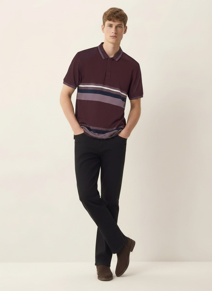 Men Wine Striped Polo Collar T-shirt