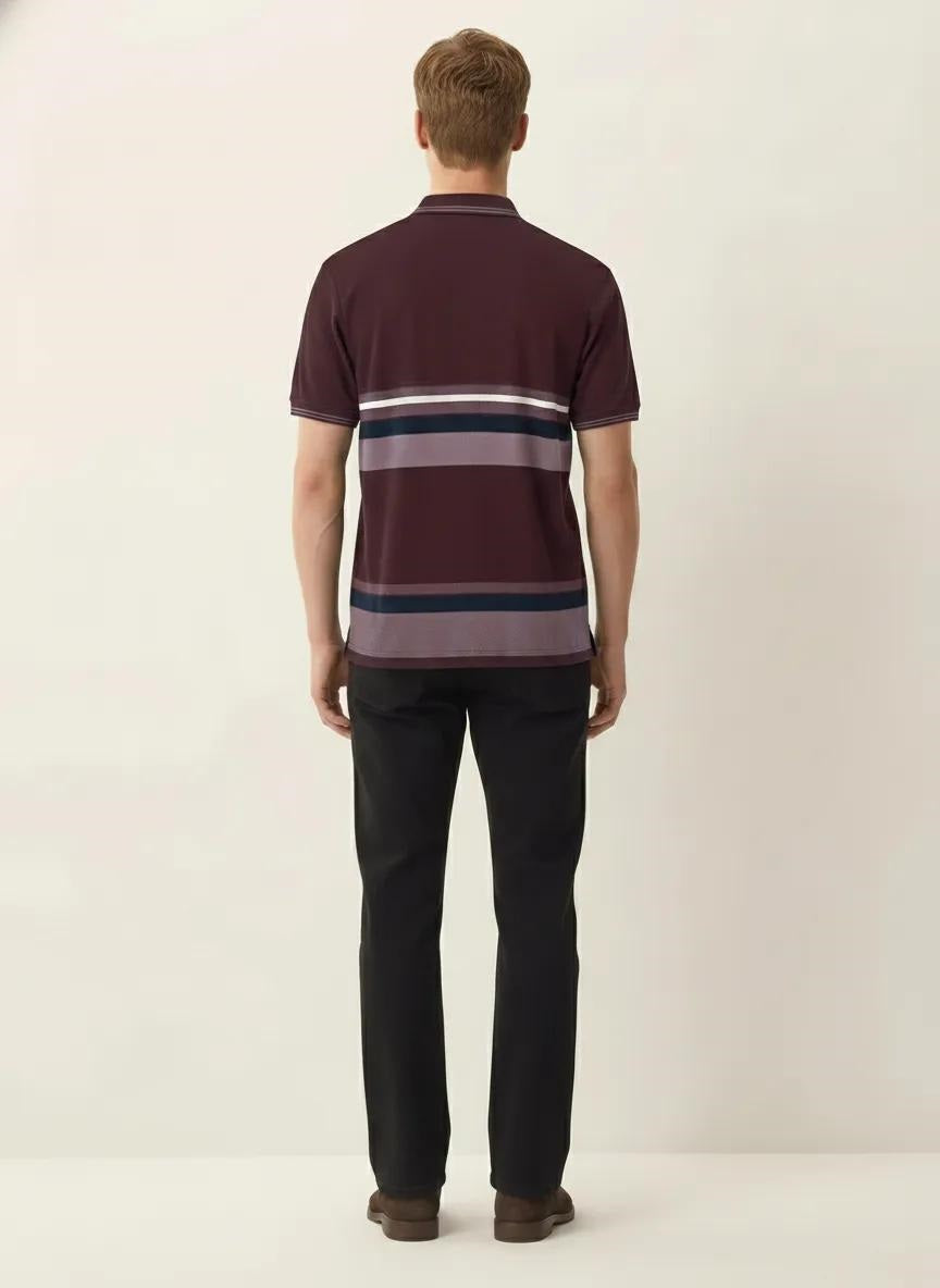 Men Wine Striped Polo Collar T-shirt