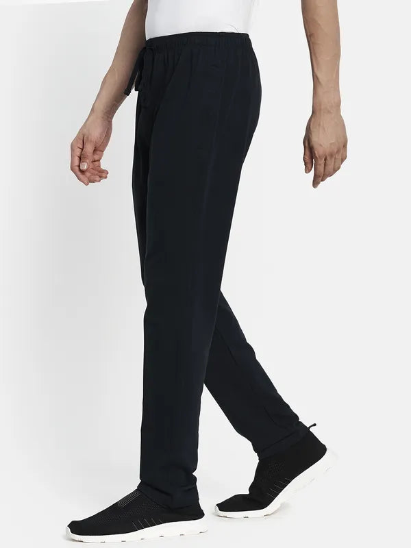 Men Navy Blue Solid Cotton Track Pants