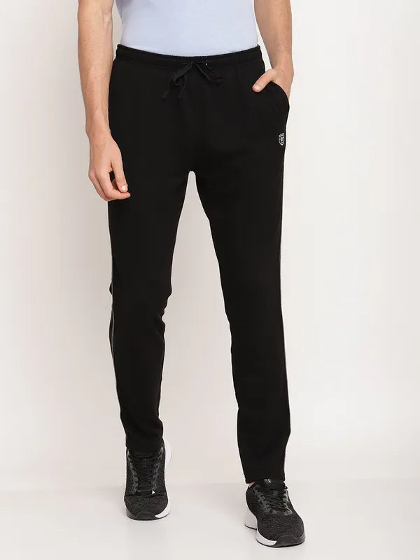 Octave Men Black Solid Cotton Track Pants With Side Piping