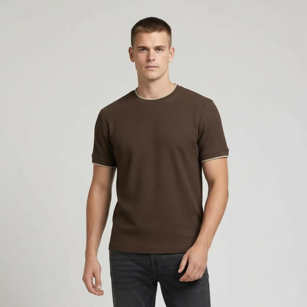 Men Coffee Solid Round Neck T-shirt