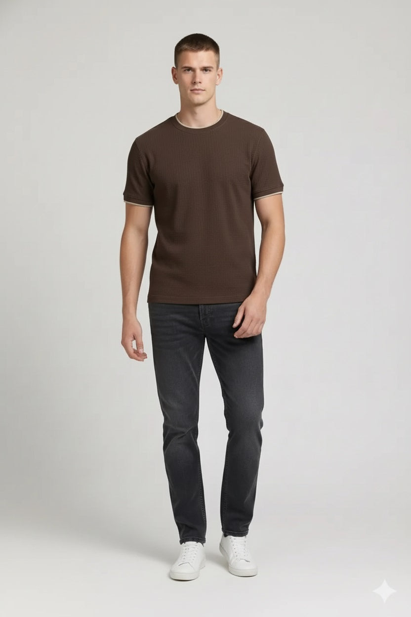 Men Coffee Solid Round Neck T-shirt