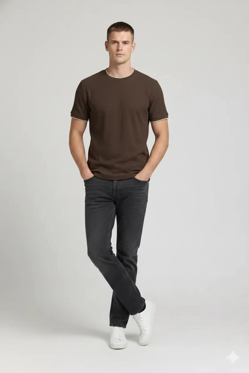 Men Coffee Solid Round Neck T-shirt