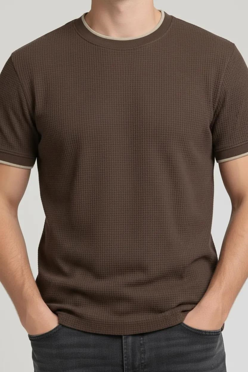 Men Coffee Solid Round Neck T-shirt