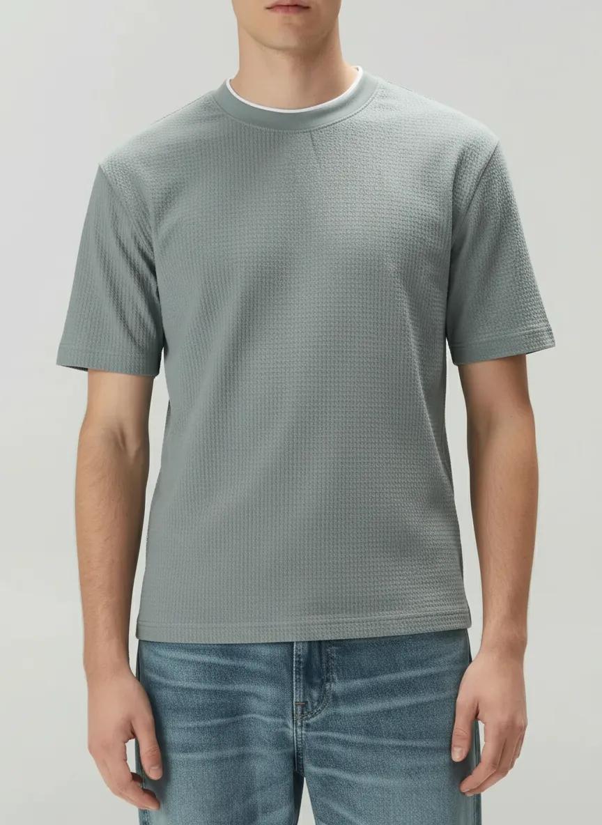 Men Oxford Blue Solid Round Neck T-shirt