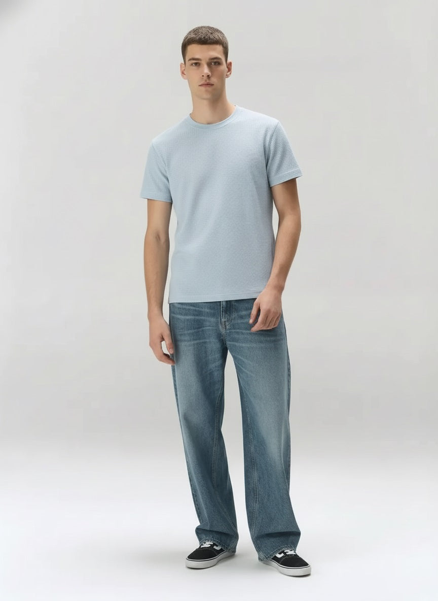 Men Sky Solid Round Neck T-shirt