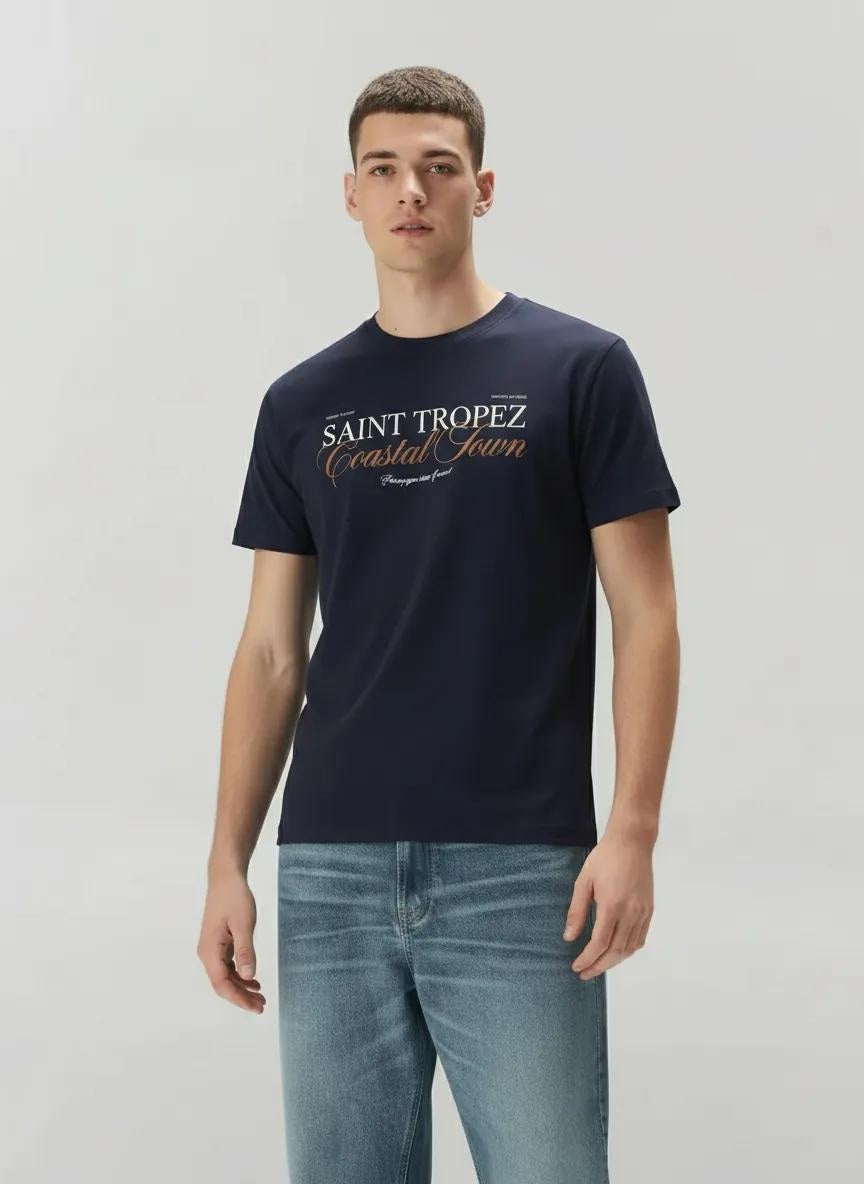 Men Navy Typography Printed T-shirt