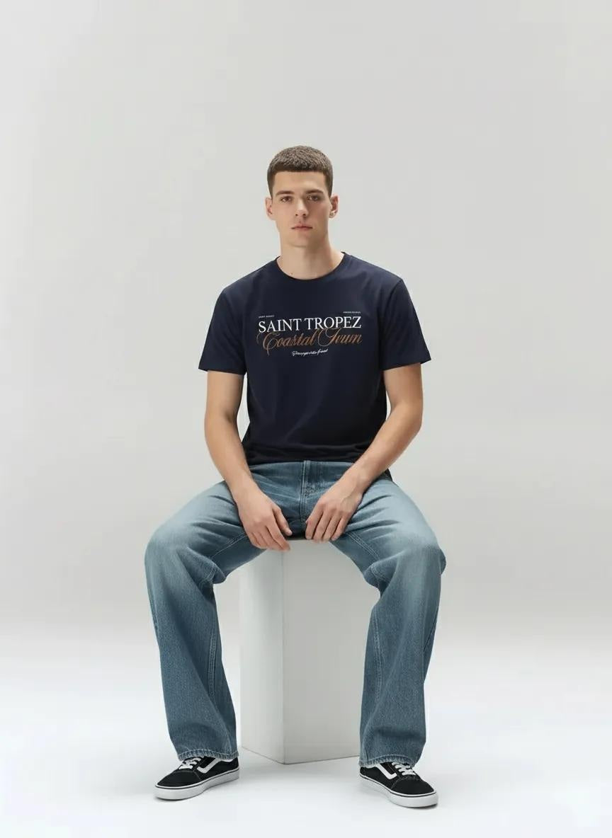 Men Navy Typography Printed T-shirt