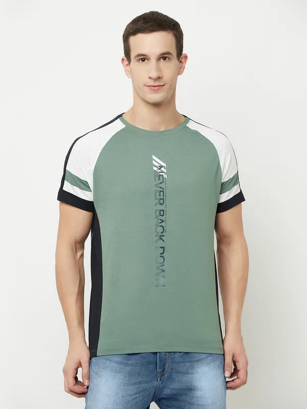Octave Men Olive Green Typography Printed Raw Edge T-Shirt