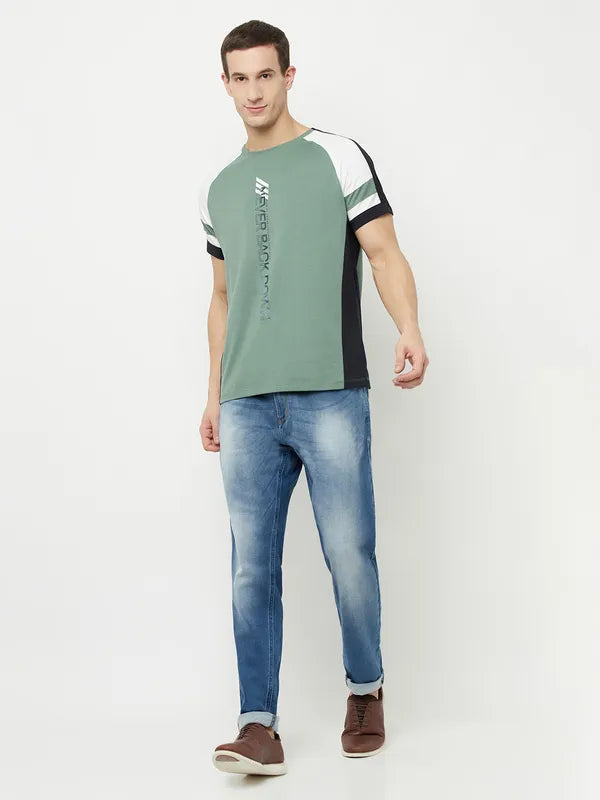 Octave Men Olive Green Typography Printed Raw Edge T-Shirt