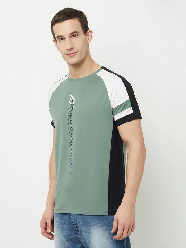 Octave Men Olive Green Typography Printed Raw Edge T-Shirt