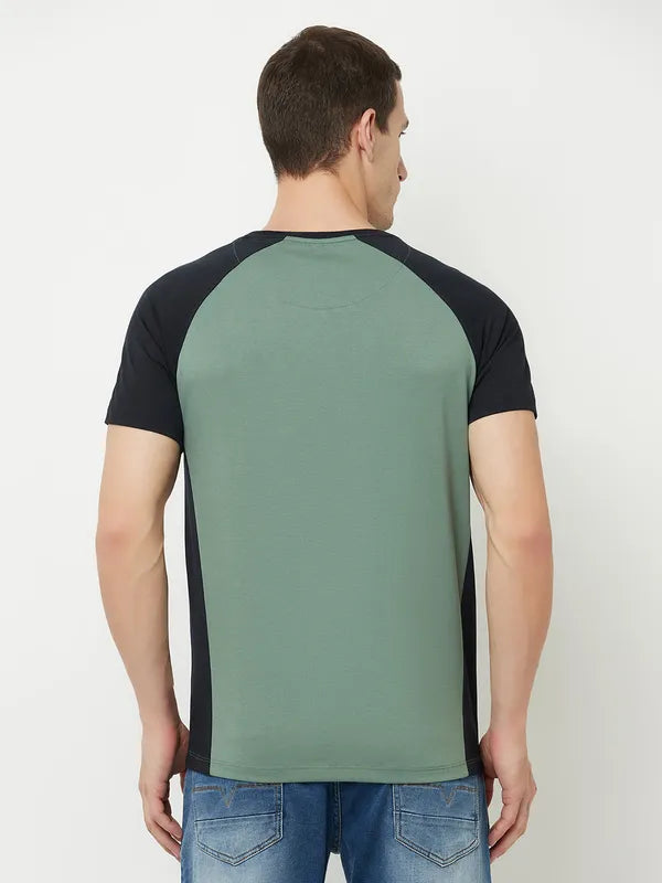 Octave Men Olive Green Typography Printed Raw Edge T-Shirt