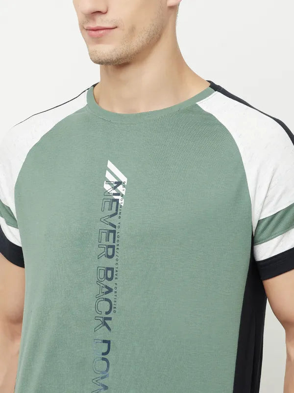 Octave Men Olive Green Typography Printed Raw Edge T-Shirt