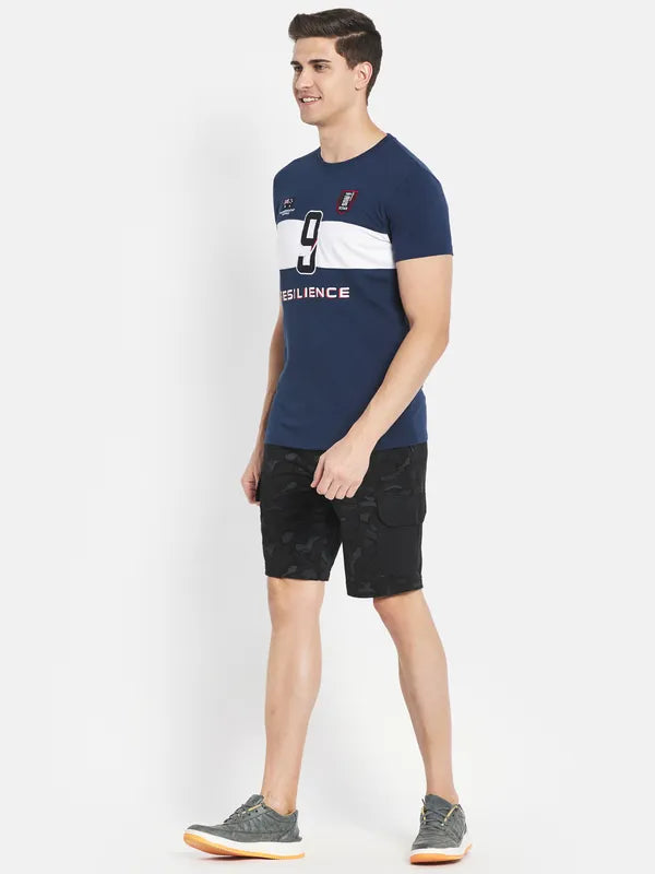 Octave Men Blue Typography Colourblocked Applique T-Shirt