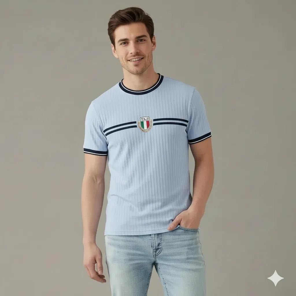 Men Delicate Blue Striped Round Neck T-shirt