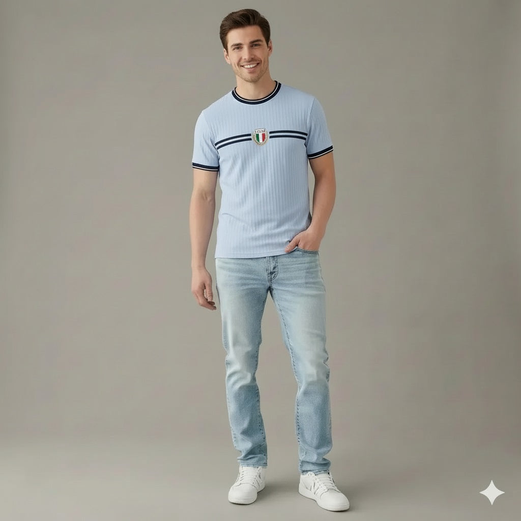 Men Delicate Blue Striped Round Neck T-shirt