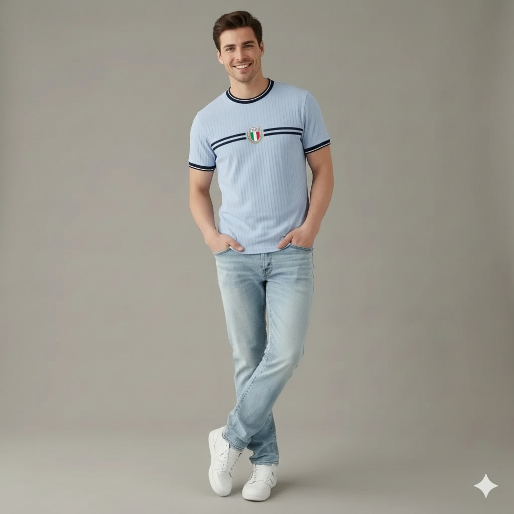 Men Delicate Blue Striped Round Neck T-shirt