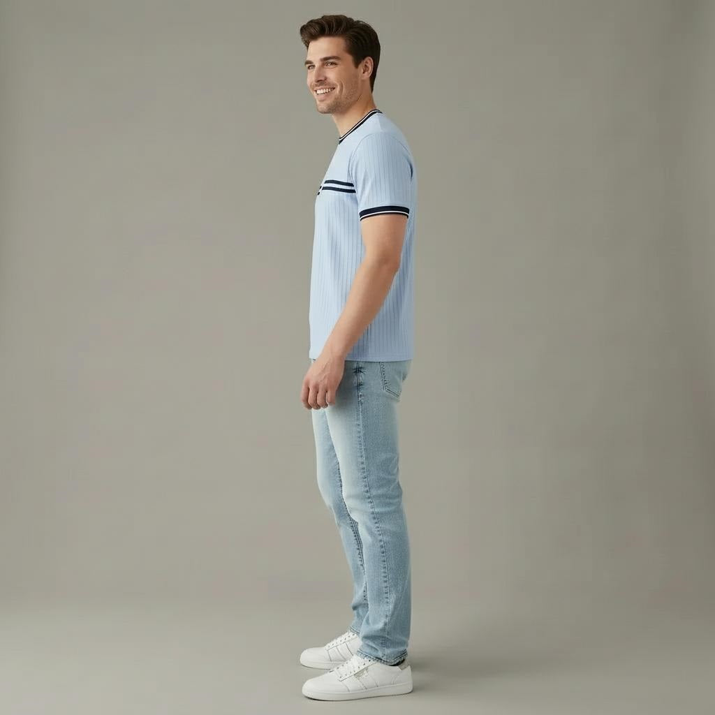 Men Delicate Blue Striped Round Neck T-shirt