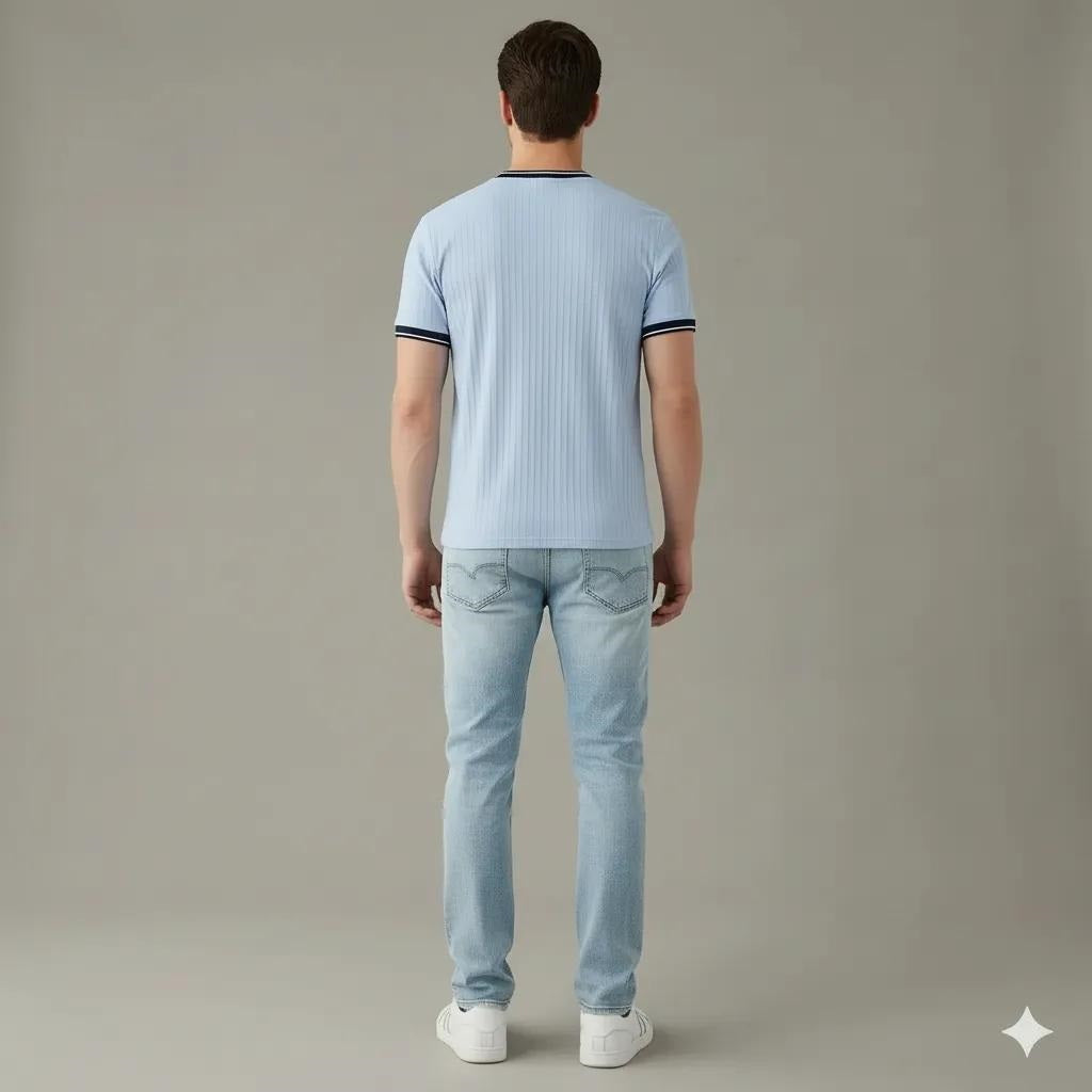 Men Delicate Blue Striped Round Neck T-shirt