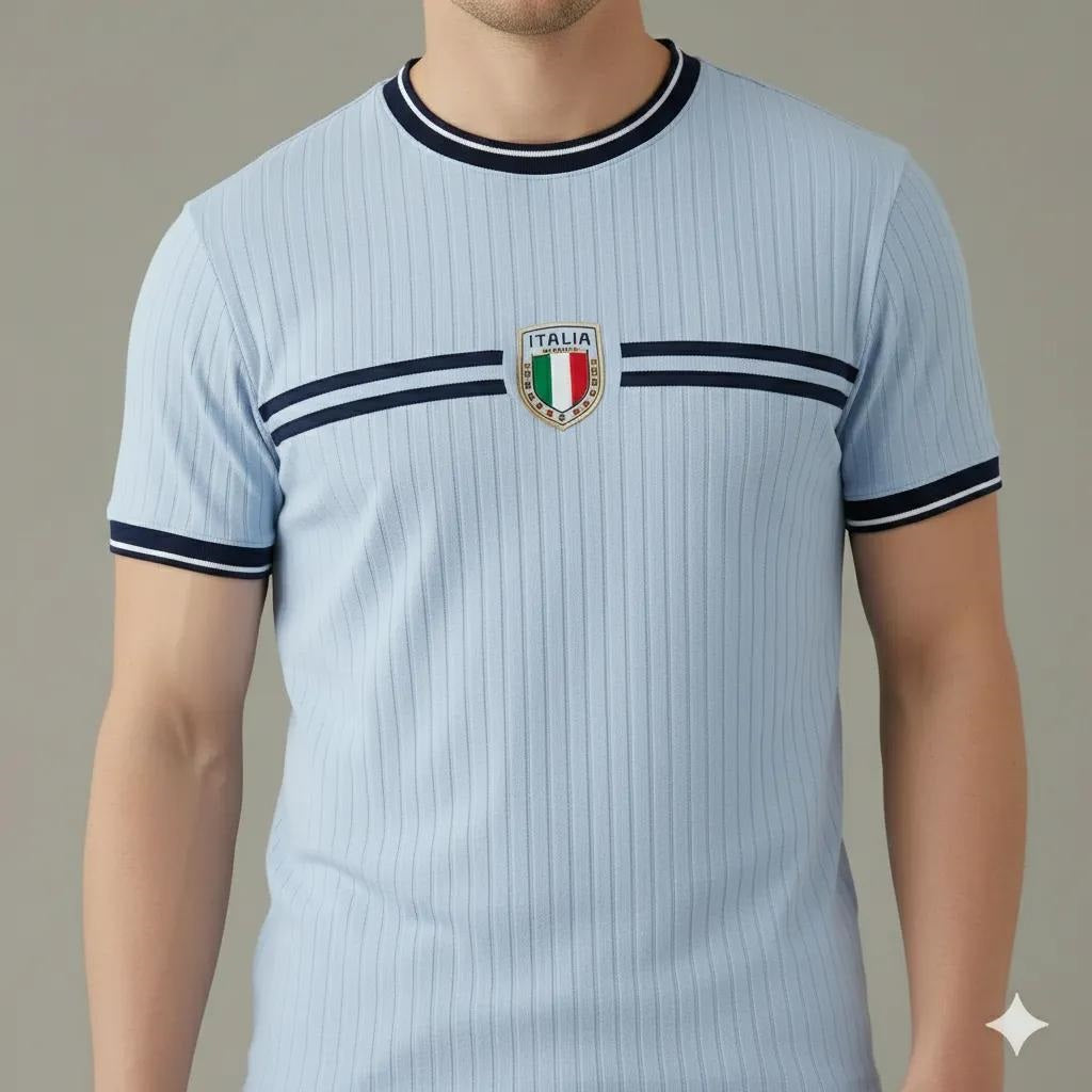 Men Delicate Blue Striped Round Neck T-shirt