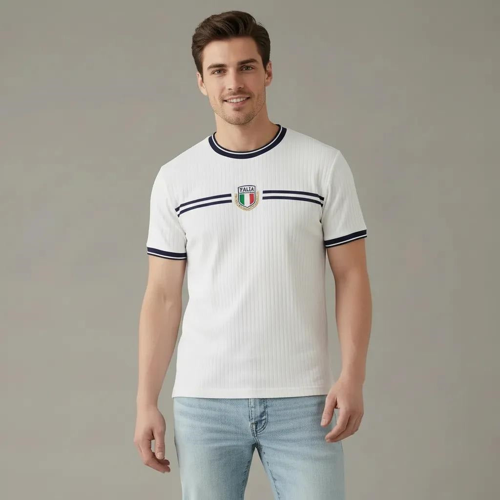 Men White Brand Logo Self Design Round Neck Cotton T-shirt