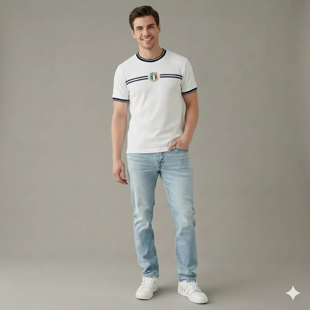 Men White Brand Logo Self Design Round Neck Cotton T-shirt