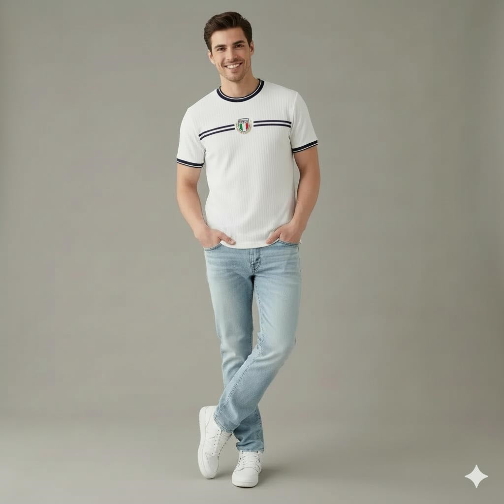 Men White Brand Logo Self Design Round Neck Cotton T-shirt
