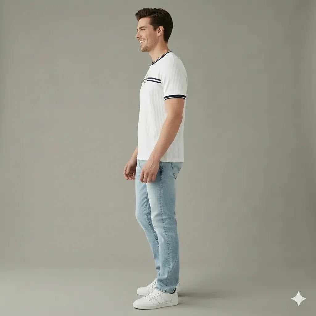 Men White Brand Logo Self Design Round Neck Cotton T-shirt