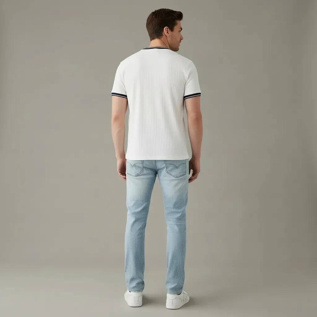 Men White Brand Logo Self Design Round Neck Cotton T-shirt