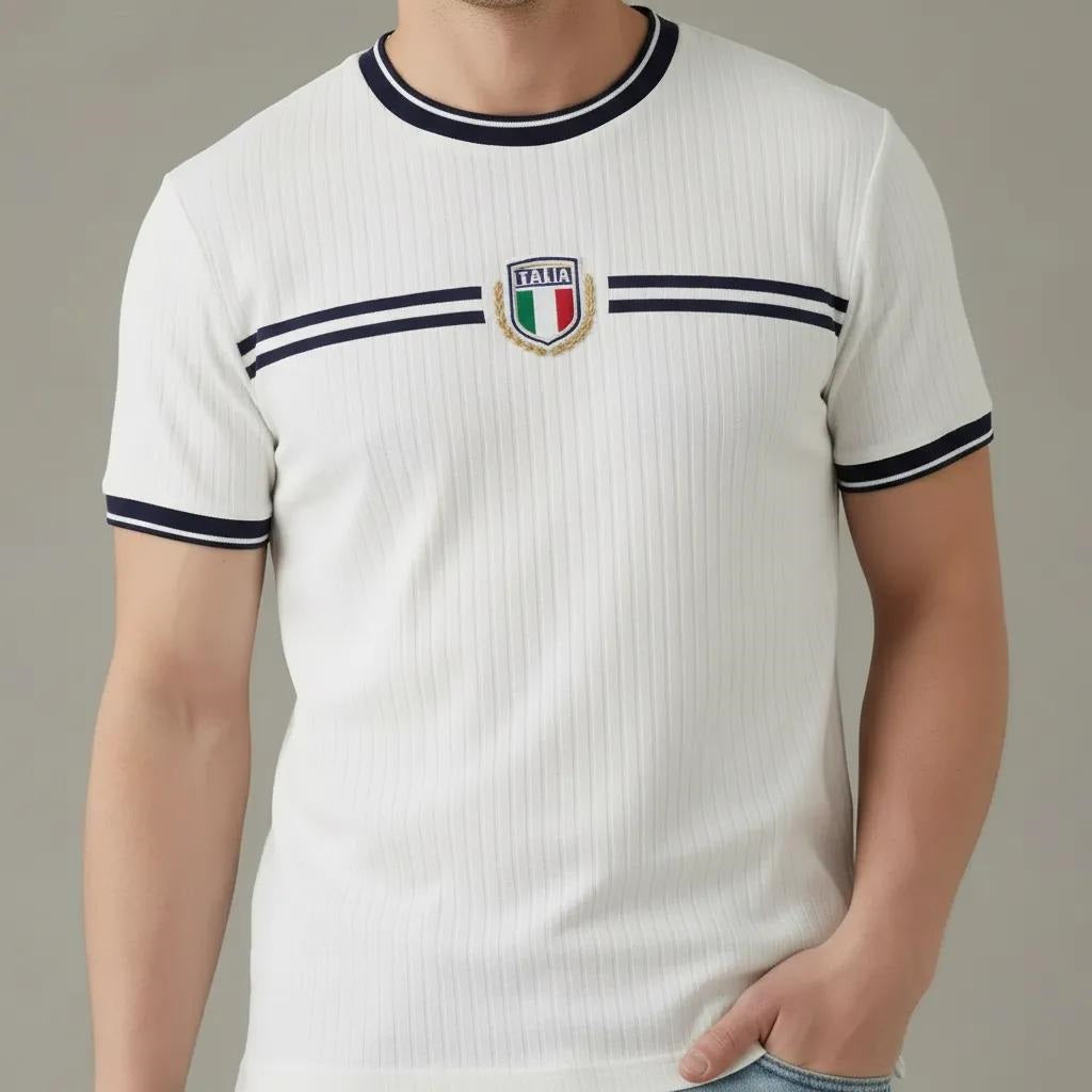 Men White Brand Logo Self Design Round Neck Cotton T-shirt